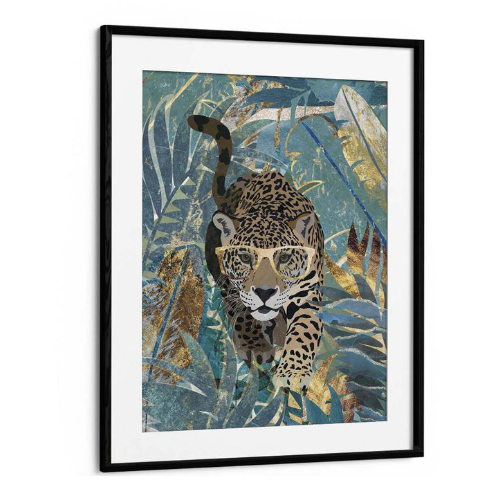 Curious jaguar in the rainforest, an animal painting by Sarah Manovski, beautifully framed with lush greenery.