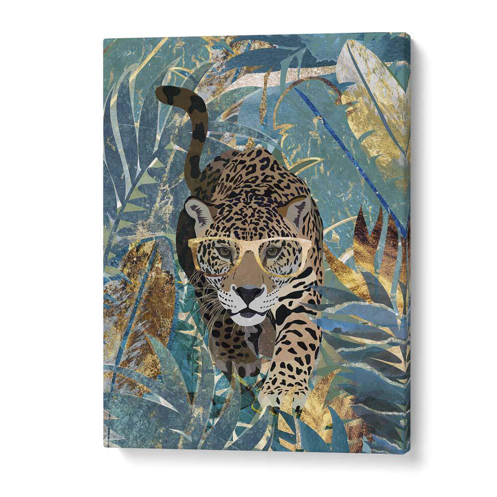 Curious jaguar in the rainforest, animal paintings by Sarah Manovski, showcasing vibrant rainforest foliage.