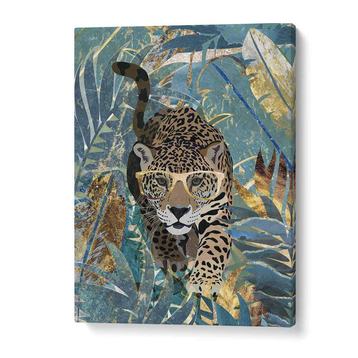 Curious jaguar in the rainforest, animal paintings by Sarah Manovski, showcasing vibrant rainforest foliage.