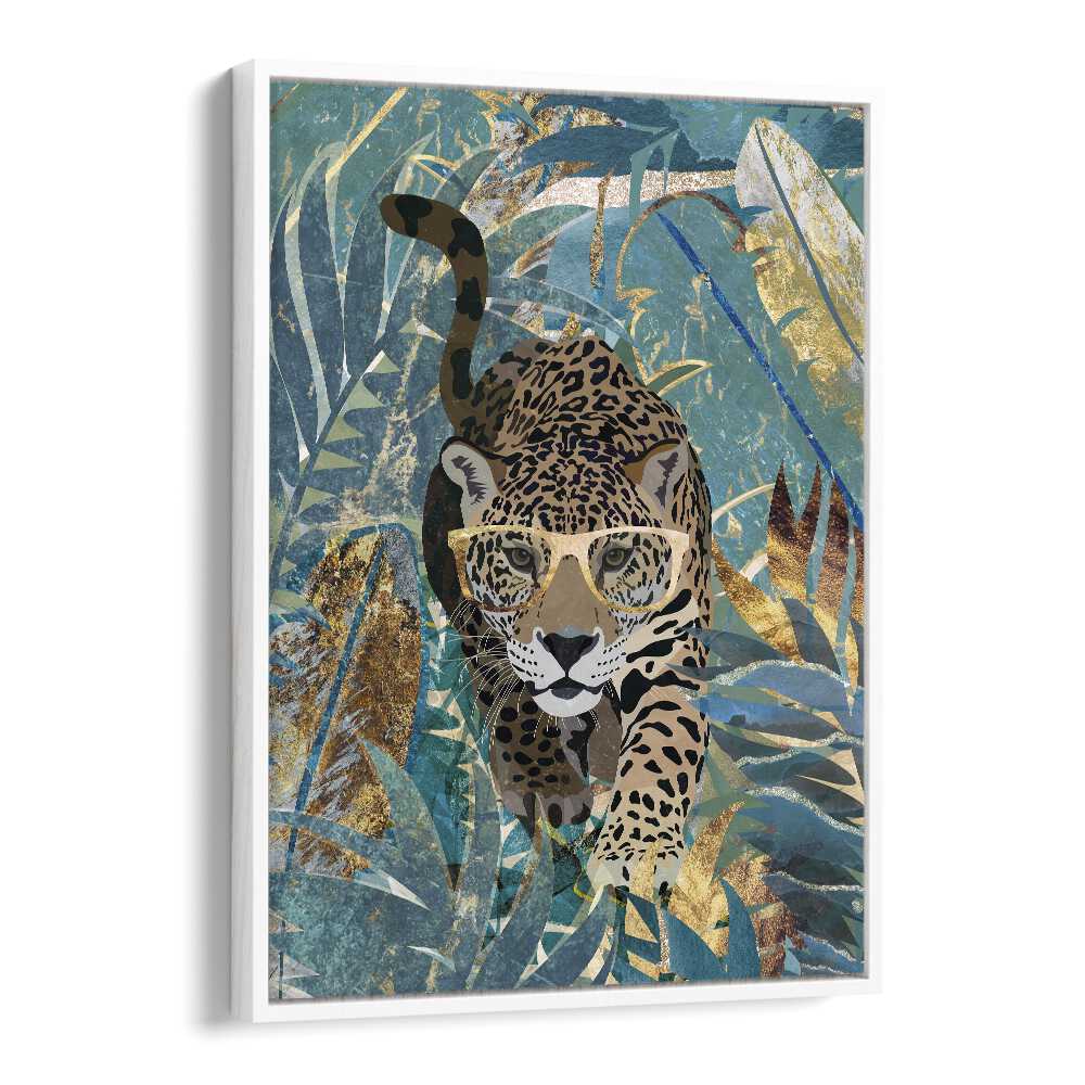 Curious jaguar in the rainforest, an animal painting by Sarah Manovski, showcasing vibrant foliage and wildlife.