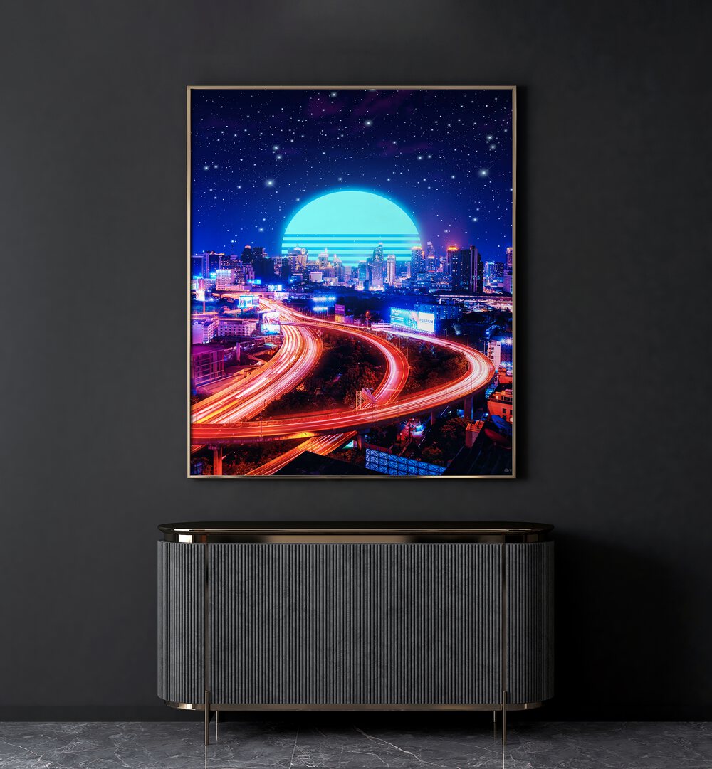 Transform your space with CYBER BANGKOK, SURREAL ART PRINTS by Ritvik Takkar, featuring a vibrant cityscape.