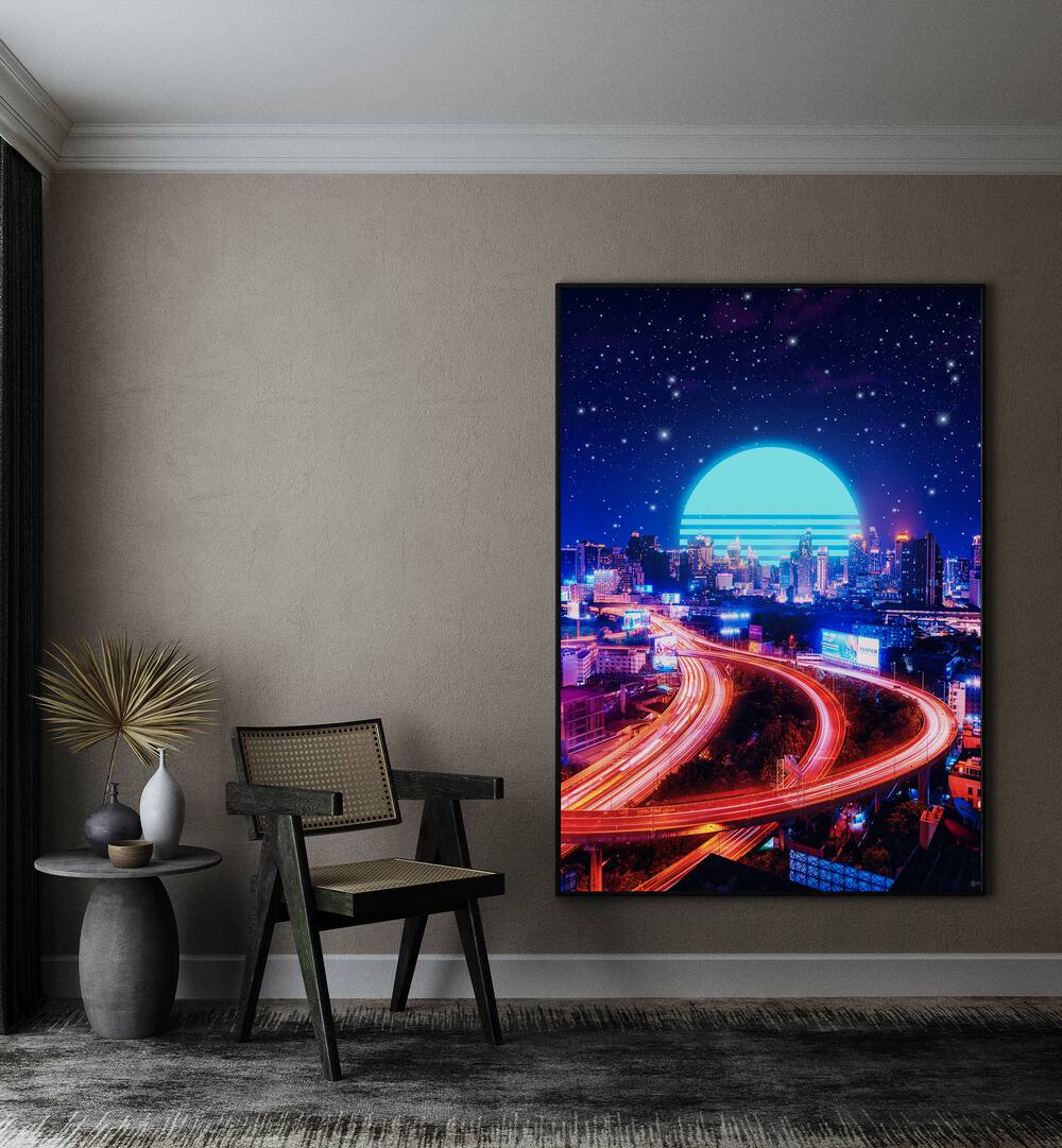 Transform your space with CYBER BANGKOK, SURREAL ART PRINTS, featuring vibrant cityscapes by Ritvik Takkar.