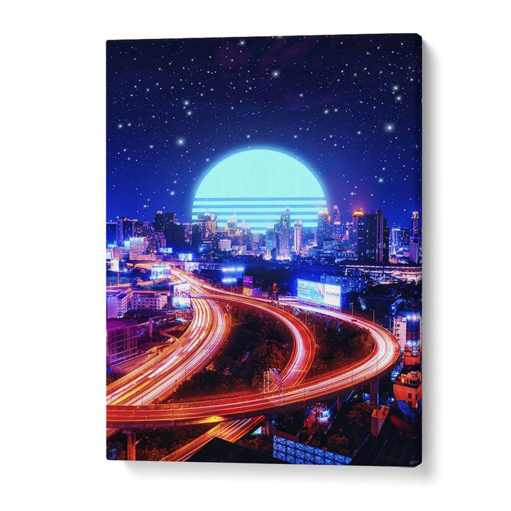 Transform your space with CYBER BANGKOK, SURREAL ART PRINTS, featuring a vibrant cityscape and cosmic elements.