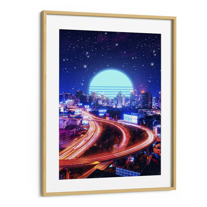 Vibrant urban scene featuring "CYBER BANGKOK, SURREAL ART PRINTS" by Ritvik Takkar in a stylish oak frame.