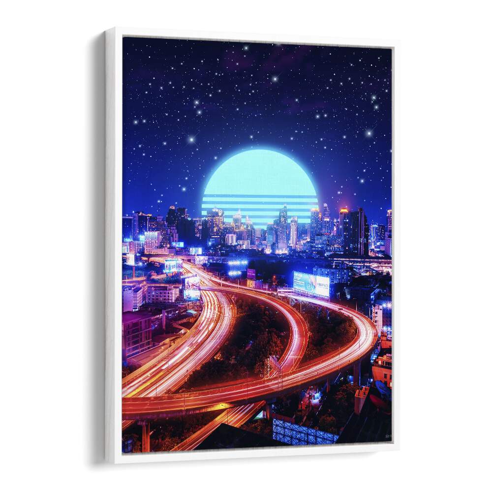 Transform your space with CYBER BANGKOK, SURREAL ART PRINTS by Ritvik Takkar, featuring a stunning neon cityscape.