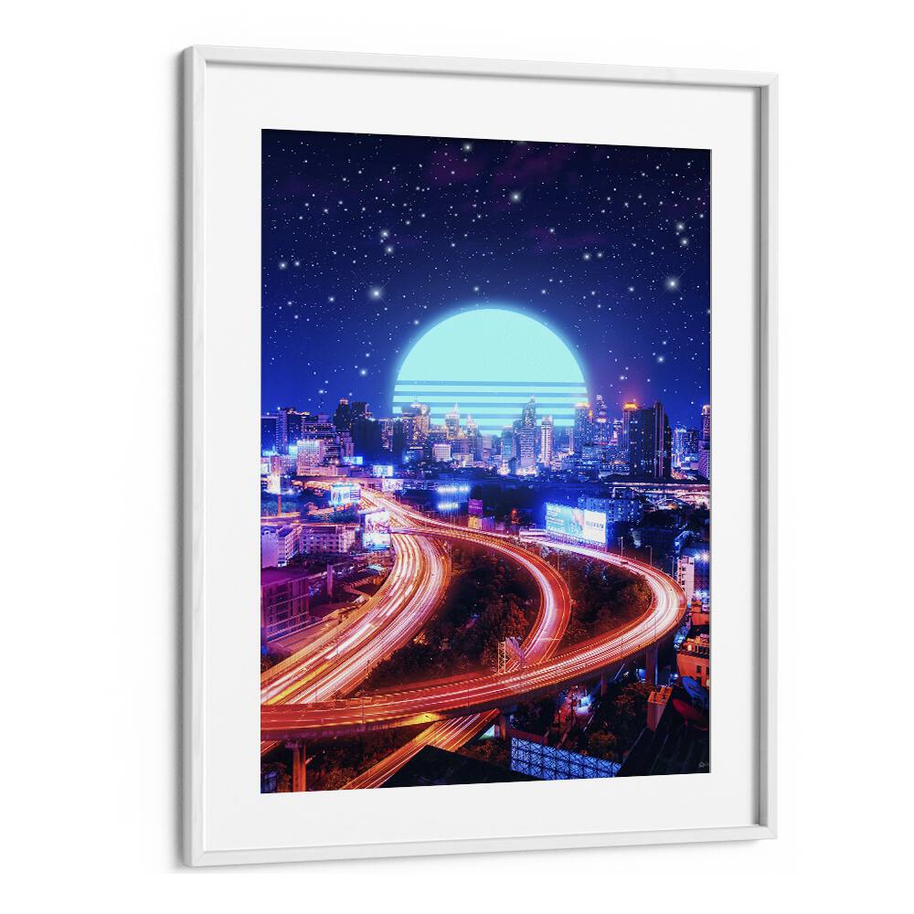 Transform your space with CYBER BANGKOK, SURREAL ART PRINTS by Ritvik Takkar, featuring vibrant cityscapes and cosmic elements.