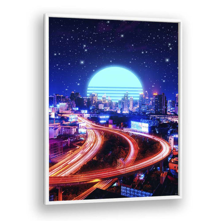 Transform your space with CYBER BANGKOK, SURREAL ART PRINTS by Ritvik Takkar, featuring a vibrant cityscape under a starry sky.
