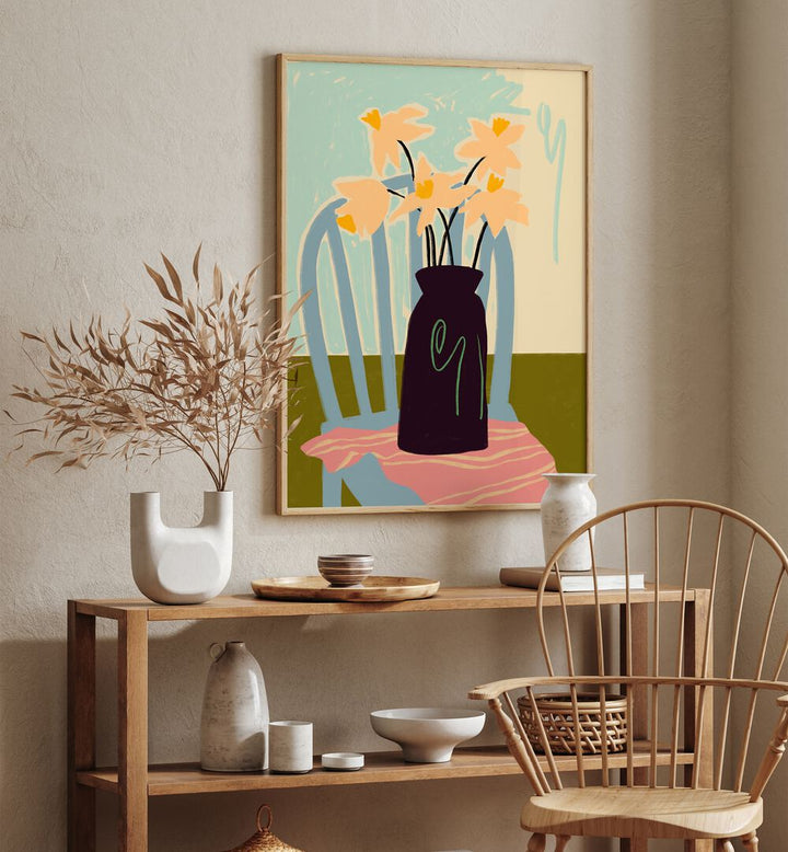 Vibrant daffodils art print in a stylish vase, perfect for transforming any space with color and elegance.