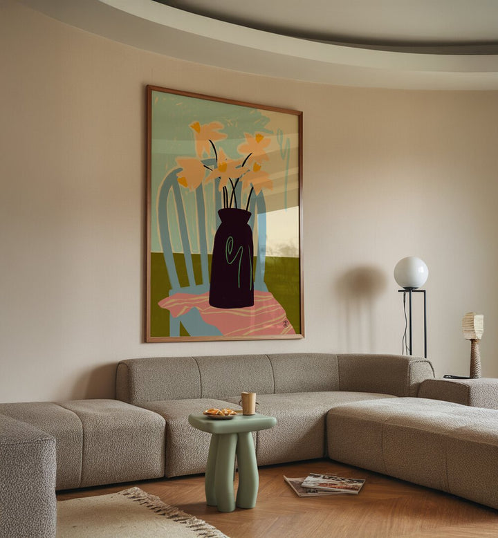 Bright and elegant DAFFODILS, VIBRANT art print enhancing modern living room decor with lively colors.