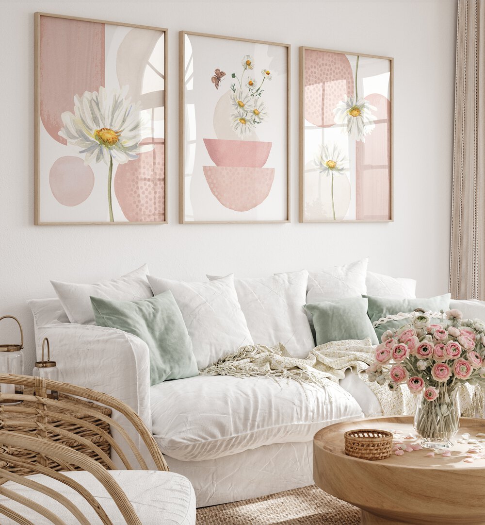 Decorate your space with the DAISIES ON PINK SET, SET OF 3 PAINTINGS, featuring vibrant daisies on a pink backdrop.