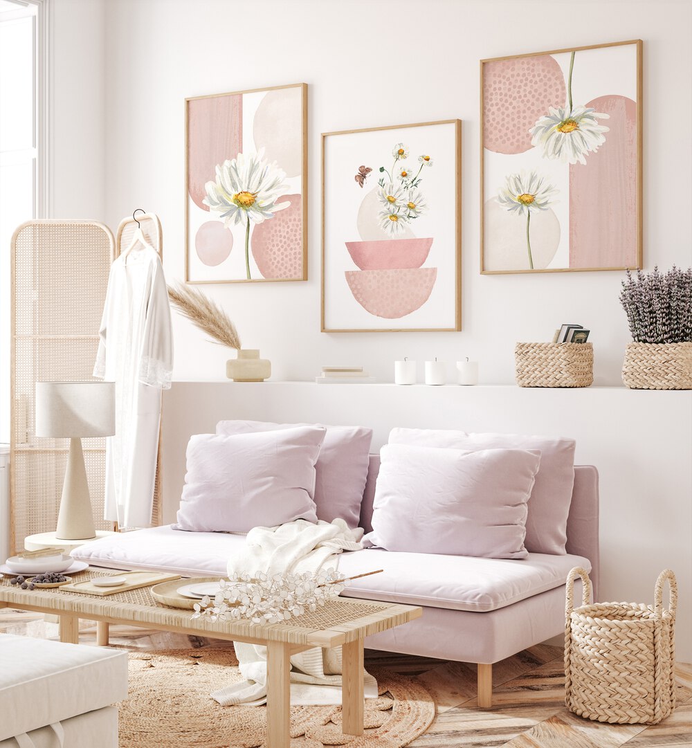 Brighten your space with the DAISIES ON PINK SET, SET OF 3 PAINTINGS showcasing beautiful daisies on pink backdrops.