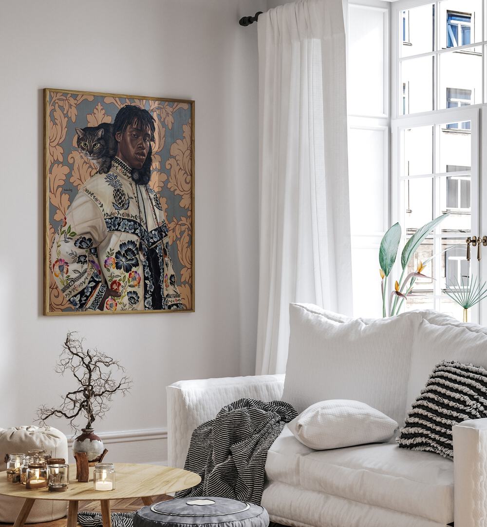 Vibrant ONE KODAK MOMENT, AFRICAN ART PAINTINGS by Damilare Jamiu enhancing a cozy living room aesthetic.