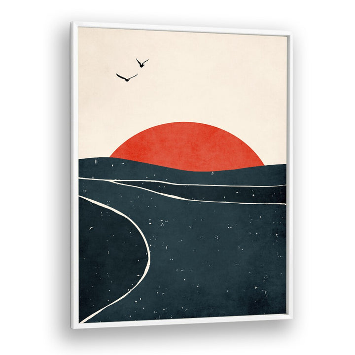 Captivating landscape painting of dancing seagulls at sunset, perfect for transforming your space with nature's beauty.