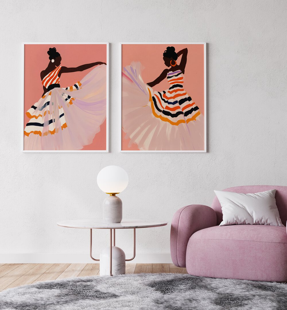 Vibrant DANCING AMITANO SET, SET OF 2 PAINTINGS showcasing movement, perfect for modern decor enthusiasts.