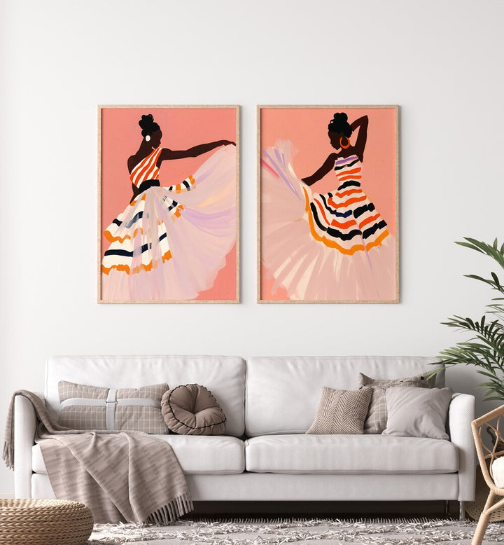 Vibrant DANCING AMITANO SET, SET OF 2 PAINTINGS showcasing elegant dancers, perfect for modern decor enthusiasts.