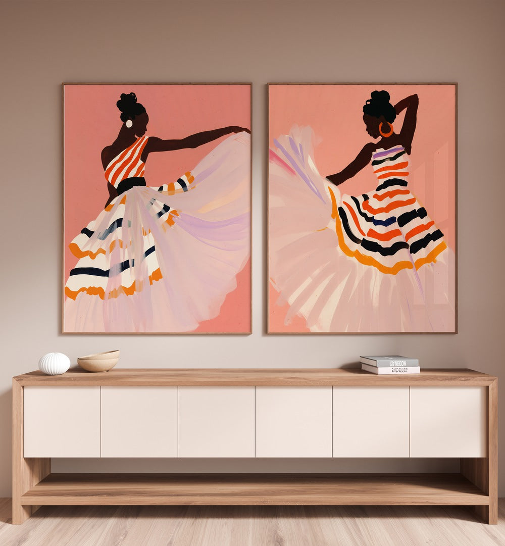 Vibrant DANCING AMITANO SET, SET OF 2 PAINTINGS, showcasing dynamic movement for modern decor enthusiasts.