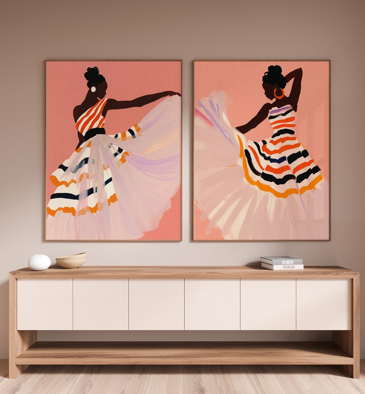 Vibrant DANCING AMITANO SET, SET OF 2 PAINTINGS, showcasing dynamic movement for modern decor enthusiasts.