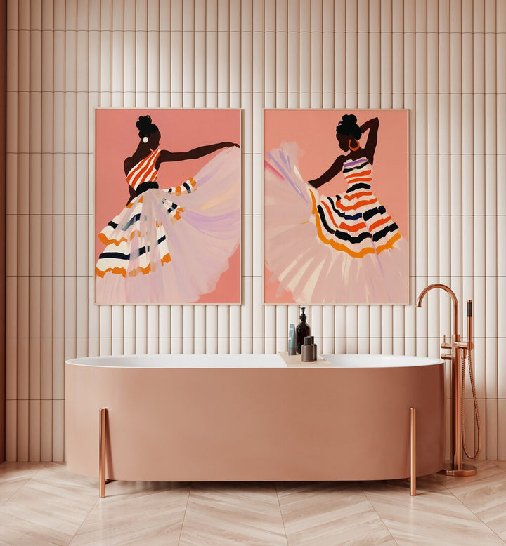Vibrant DANCING AMITANO SET, SET OF 2 PAINTINGS enhances modern decor with elegant movement and color.