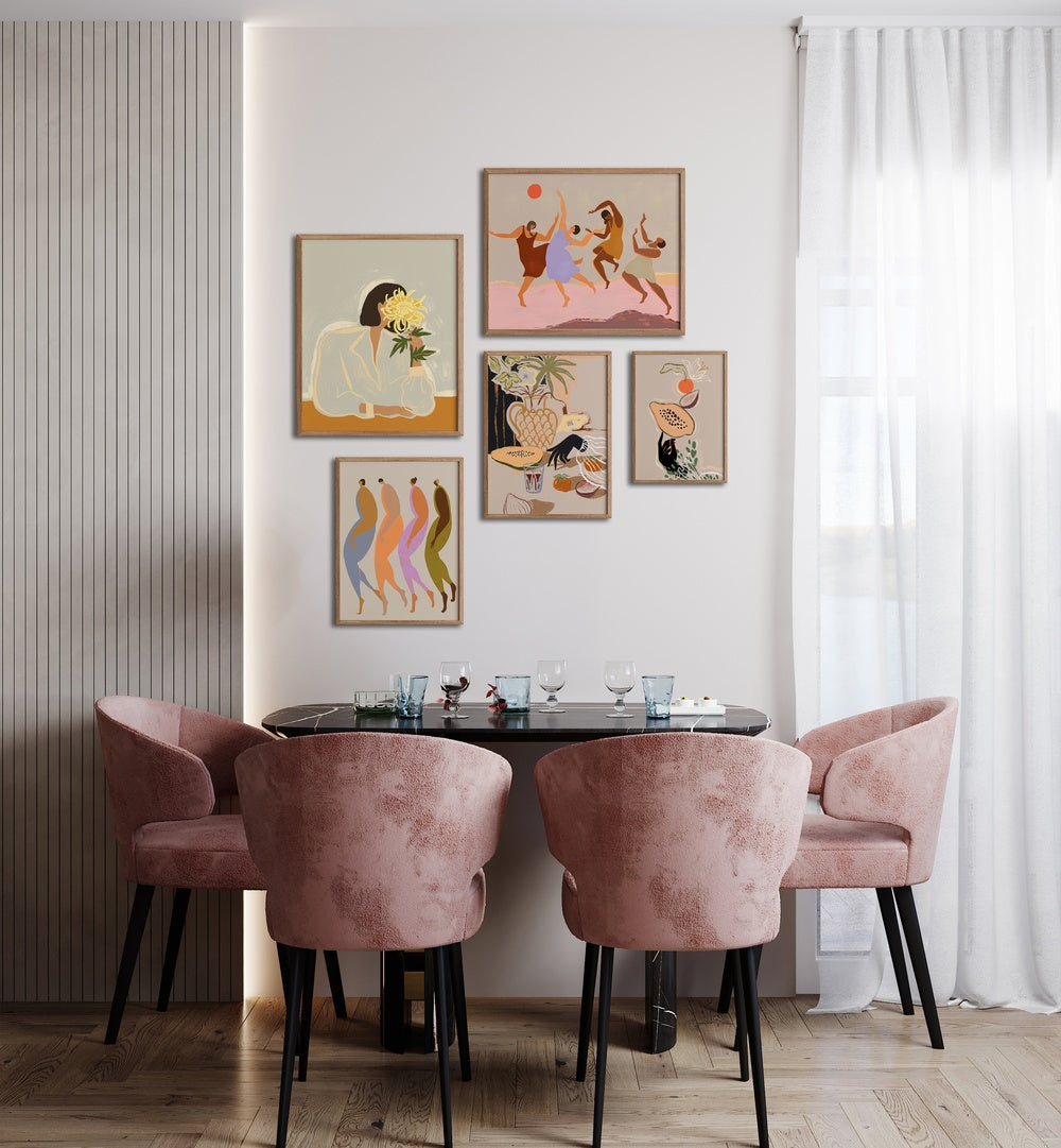Vibrant DANCING IN COLOUR GALLERY WALL, GALLERY WALLS enhancing a stylish dining space with artistic energy.