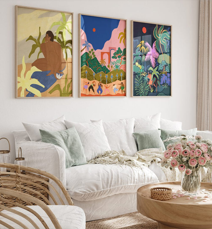Vibrant DANCING IN PARADISE SET, SET OF 3 PAINTINGS showcasing tropical beauty to elevate your living space.