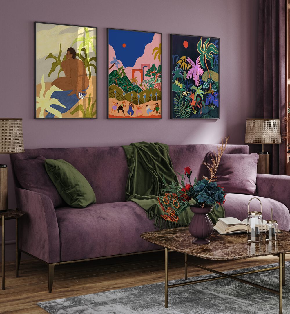 Transform your home with the DANCING IN PARADISE SET, SET OF 3 PAINTINGS, showcasing vibrant tropical beauty.