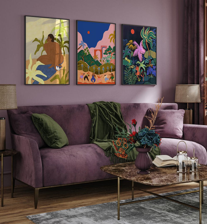 Transform your home with the DANCING IN PARADISE SET, SET OF 3 PAINTINGS, showcasing vibrant tropical beauty.