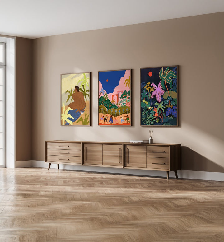 Transform your space with the DANCING IN PARADISE SET, SET OF 3 PAINTINGS featuring vibrant tropical scenes.