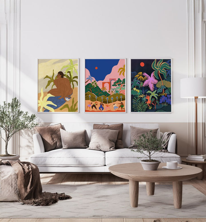 Vibrant DANCING IN PARADISE SET, SET OF 3 PAINTINGS enhances your living space with tropical beauty and color.