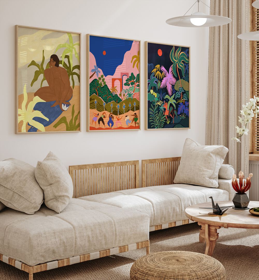 Vibrant DANCING IN PARADISE SET, SET OF 3 PAINTINGS brings tropical beauty to your living space with stunning colors.