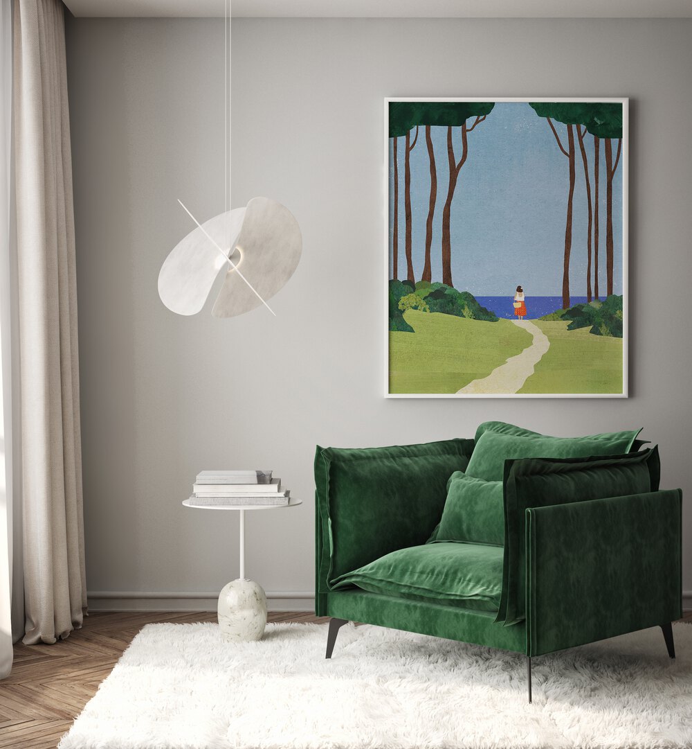 Serene living room featuring DAY TRIP, LANDSCAPE PAINTINGS, enhancing tranquility and nature's beauty in your space.