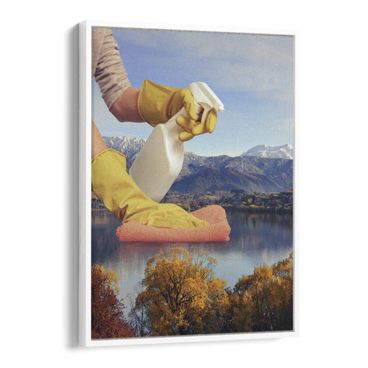 Bright surreal art print "DEEP CLEAN LAKE" by Vertigo Artography, showcasing a unique cleaning scene on canvas.