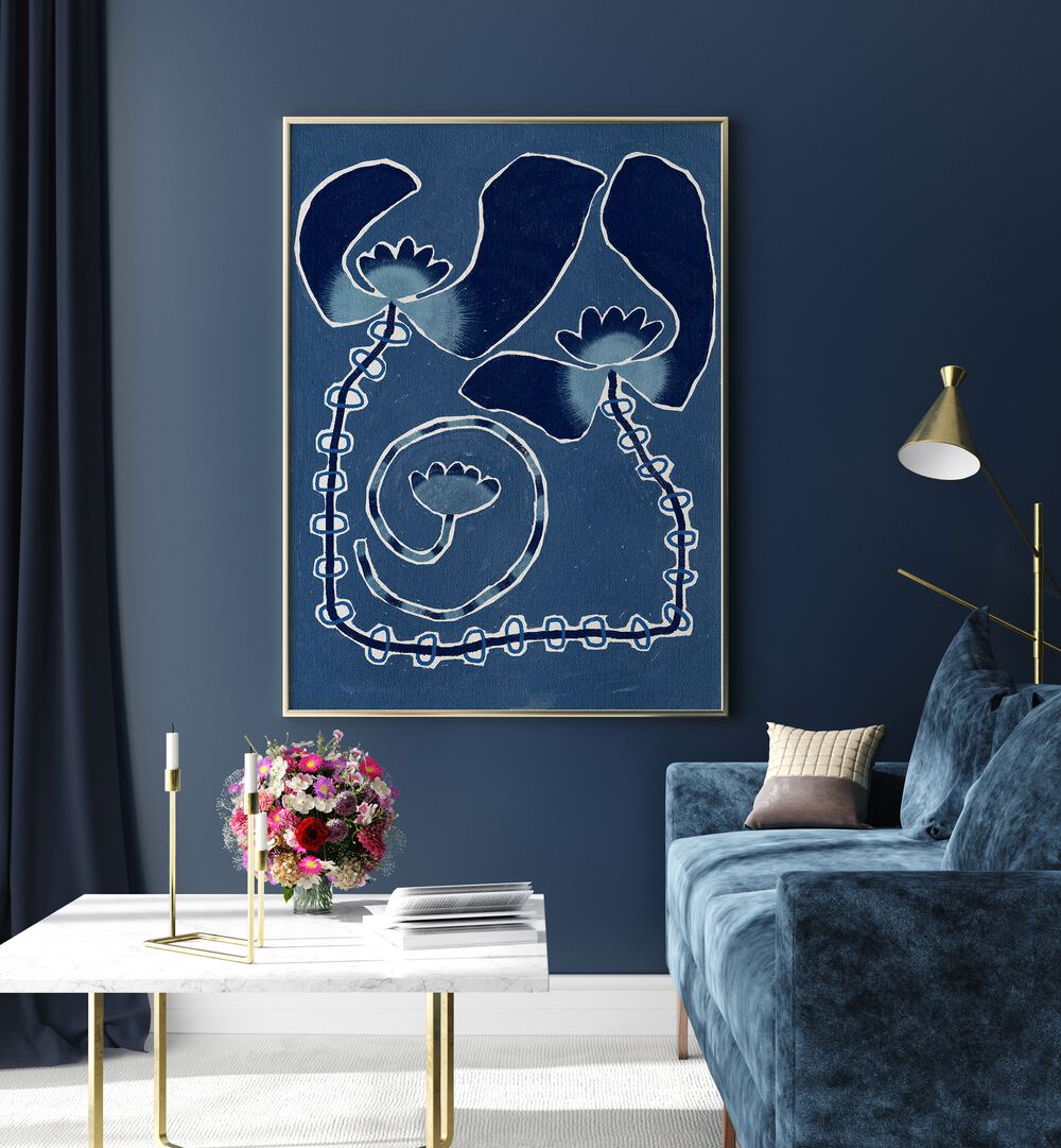 Elegant DELICATE BLOOM BLUE, FLORAL FLOWER PAINTINGS enhancing modern décor with striking blue tones and floral design.