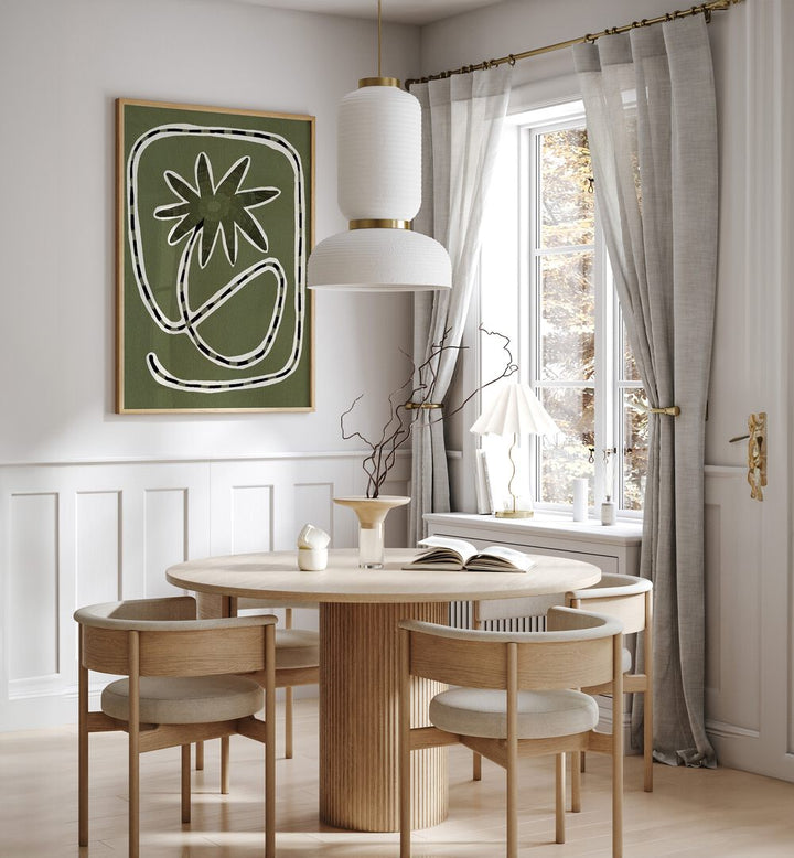 Stylish dining room featuring DELICATE BLOOM GREEN I, FLORAL FLOWER PAINTINGS, adding elegance to the decor.