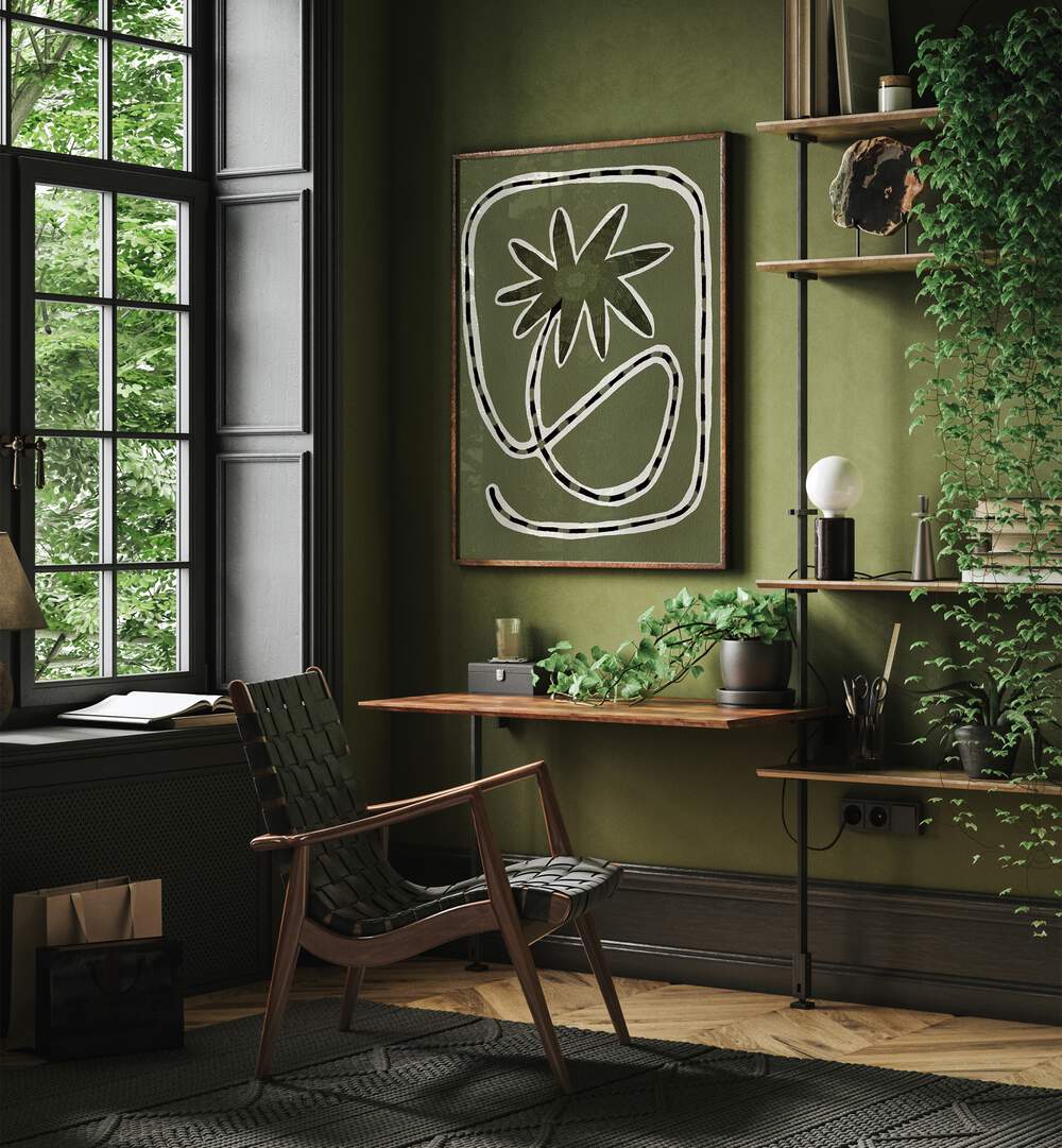 Elegant workspace featuring DELICATE BLOOM GREEN I, FLORAL FLOWER PAINTINGS, enhancing nature-inspired décor.