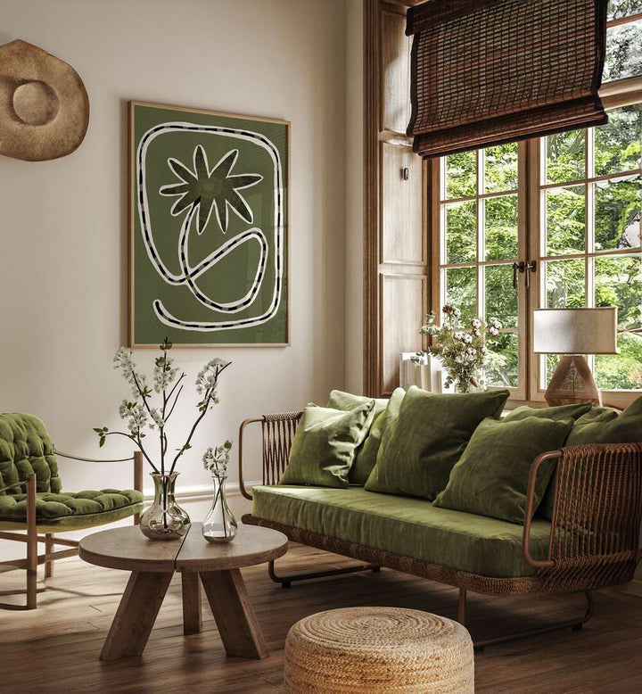 Stylish living room featuring DELICATE BLOOM GREEN I, FLORAL FLOWER PAINTINGS, enhancing elegance and nature-inspired décor.