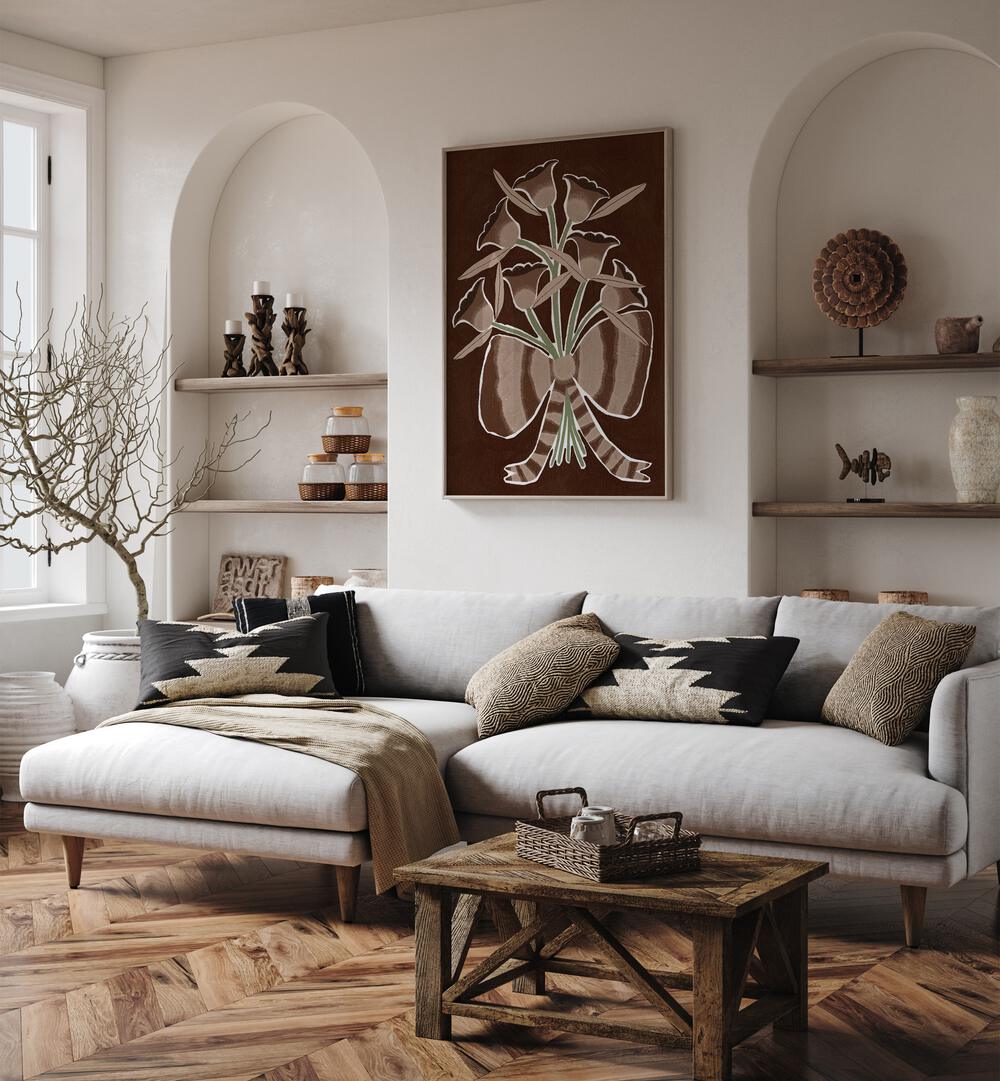 Sophisticated DELICATE BLOOM II, FLORAL FLOWER PAINTINGS enhancing elegant home decor in a stylish living room setting.