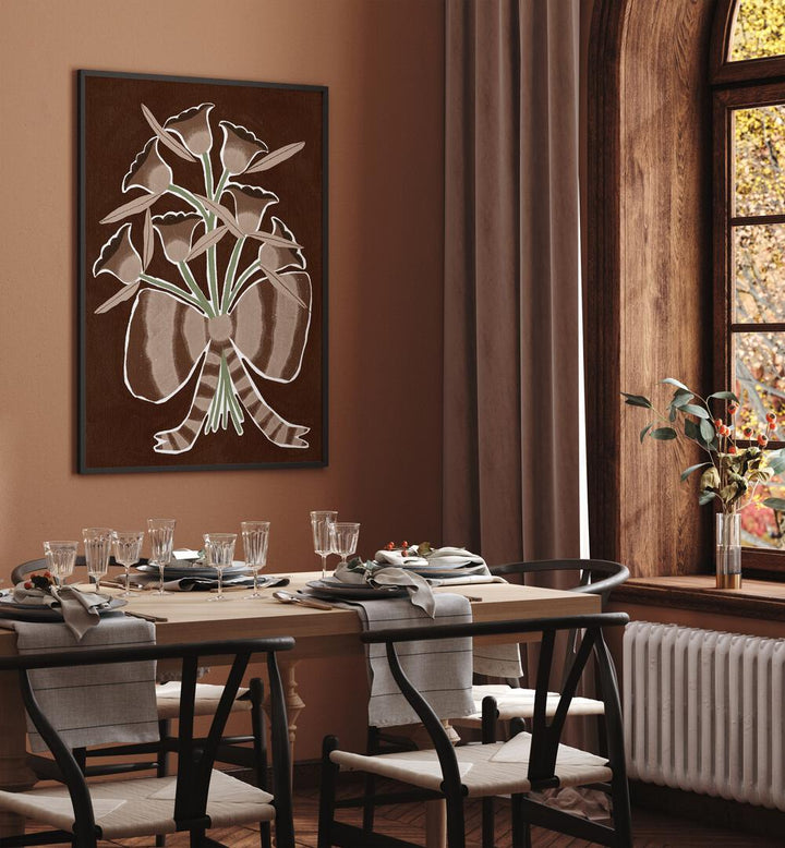 Elegant DELICATE BLOOM II, FLORAL FLOWER PAINTINGS adorn a stylish dining space, enhancing home decor sophistication.