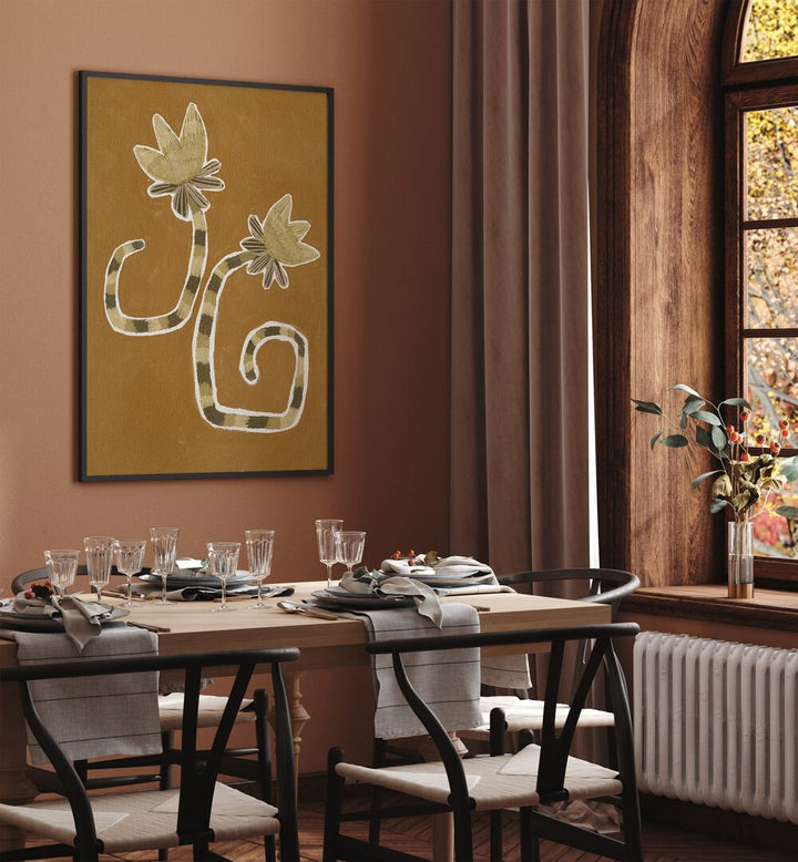 Stylish dining room featuring DELICATE BLOOM X, FLORAL FLOWER PAINTINGS, enhancing elegance and nature-inspired decor.
