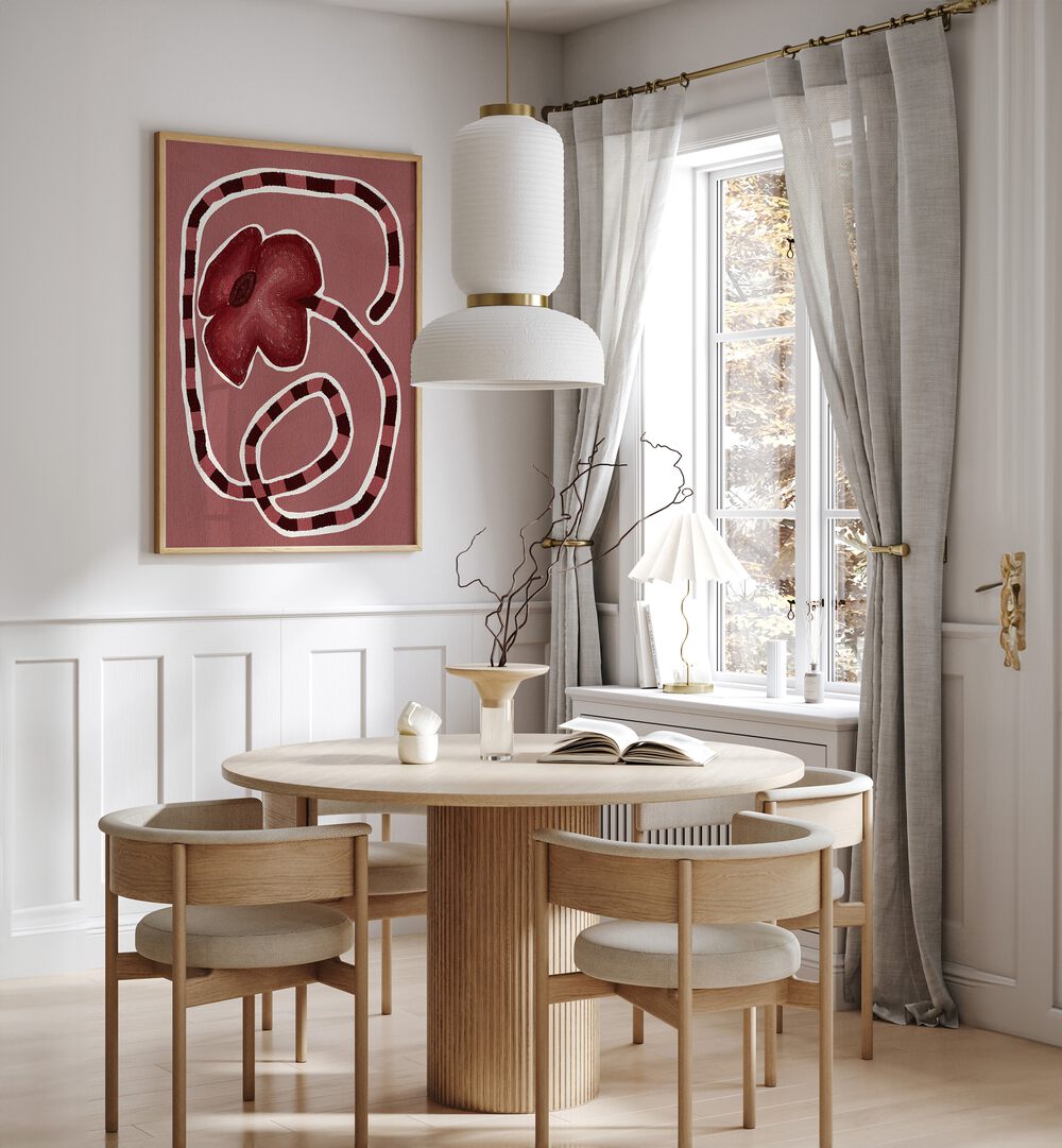 Stylish dining area featuring DELICATE BLOOM XII, FLORAL FLOWER PAINTINGS, enhancing elegance and charm.