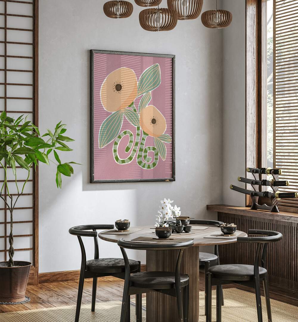 Brightly colored DELICATE BLOOM XX, FLORAL FLOWER PAINTINGS enhance a stylish dining space with nature's elegance.