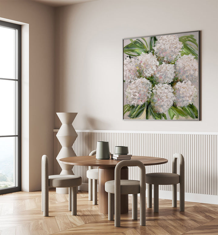 Elevate your home decor with the BOUQUET OF WHITE HYDRANGEAS, FLORAL FLOWER PAINTINGS, featuring elegant brushstrokes.