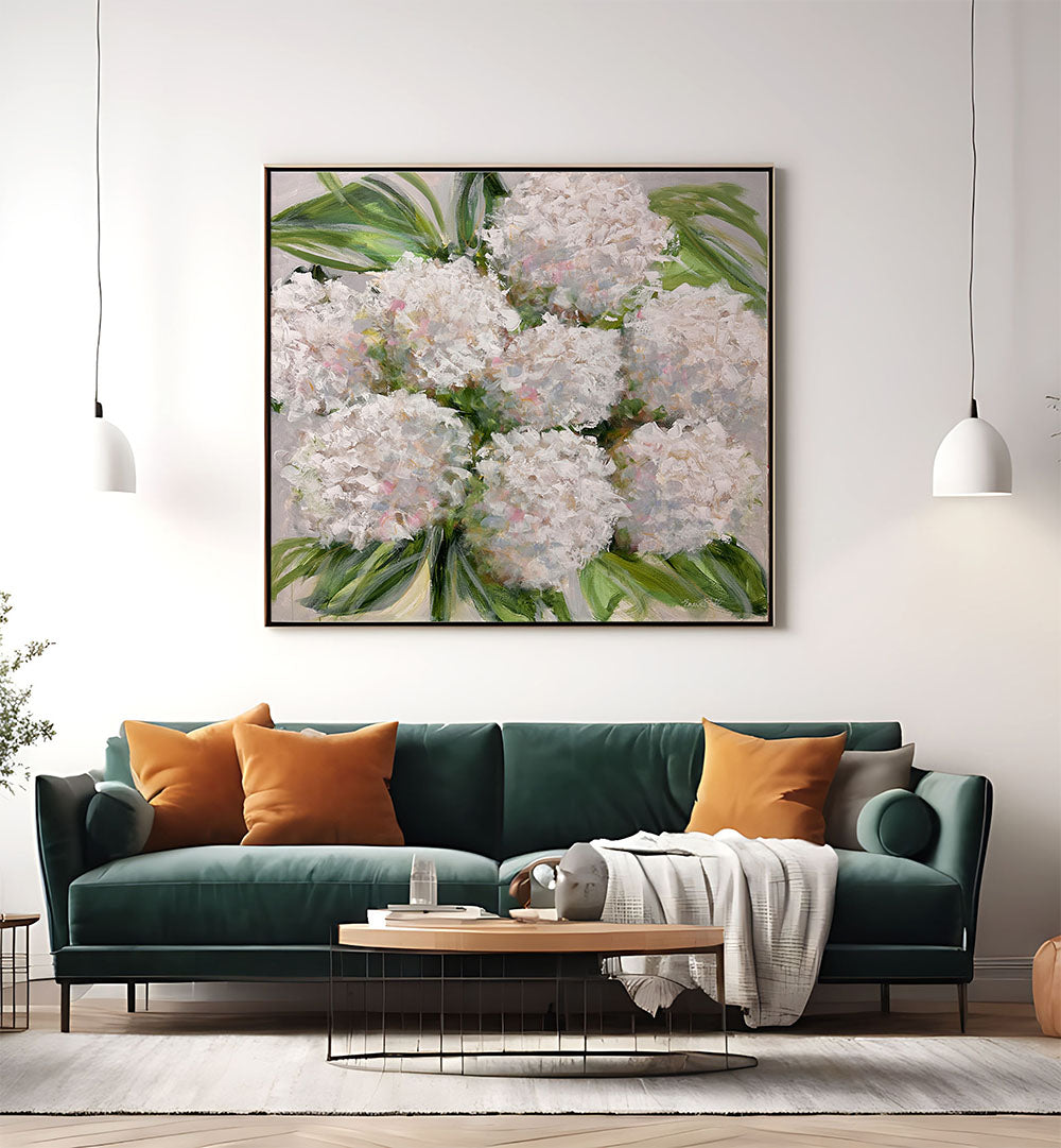 Exquisite BOUQUET OF WHITE HYDRANGEAS, FLORAL FLOWER PAINTINGS, perfect for enhancing your home decor.
