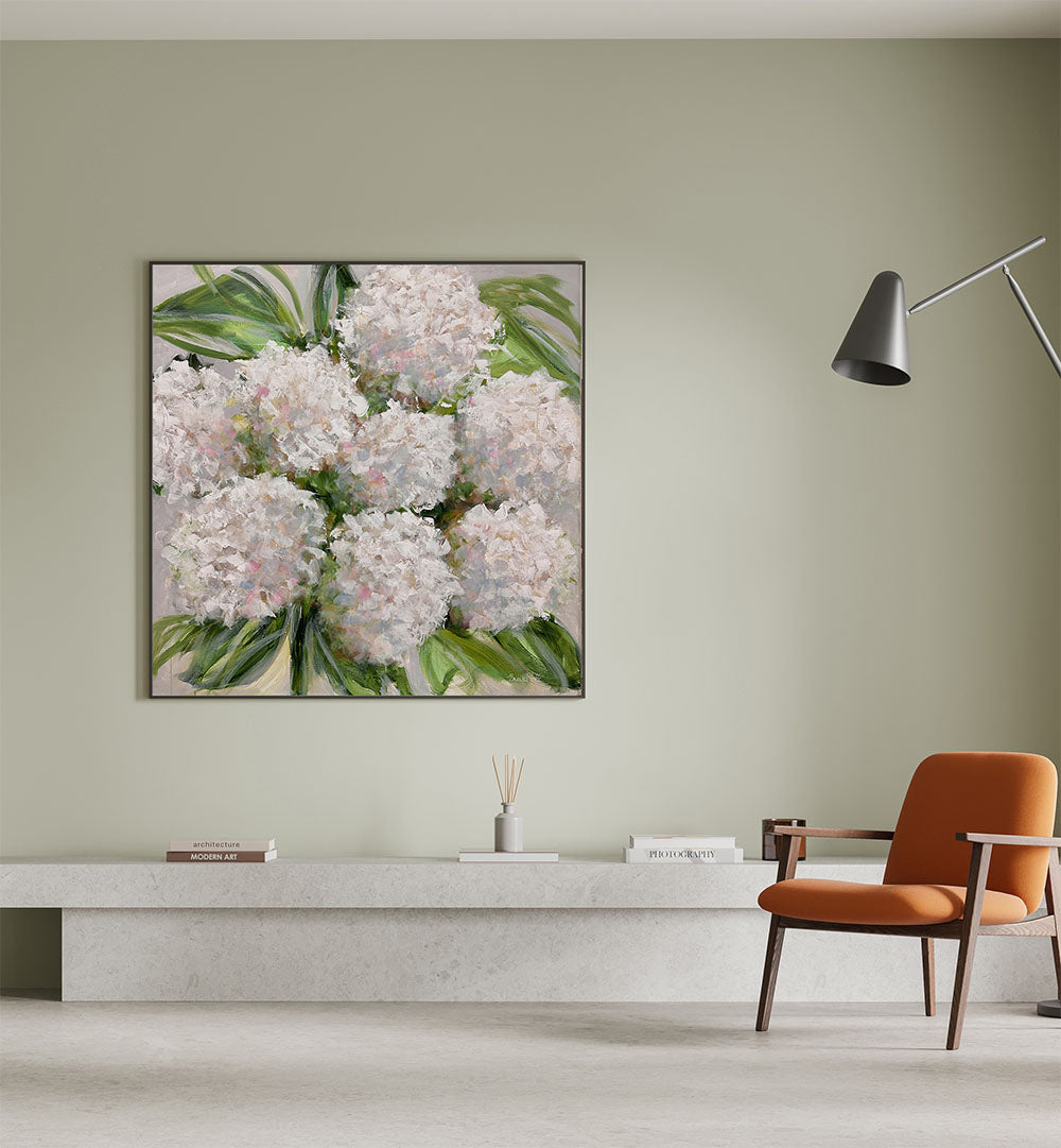 Elegant bouquet of white hydrangeas, perfect for enhancing your decor with floral flower paintings.