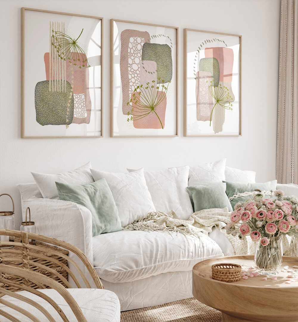 Transform your space with the DELICATE PINK AND GREEN SET, SET OF 3 PAINTINGS showcasing soft pink and green hues.