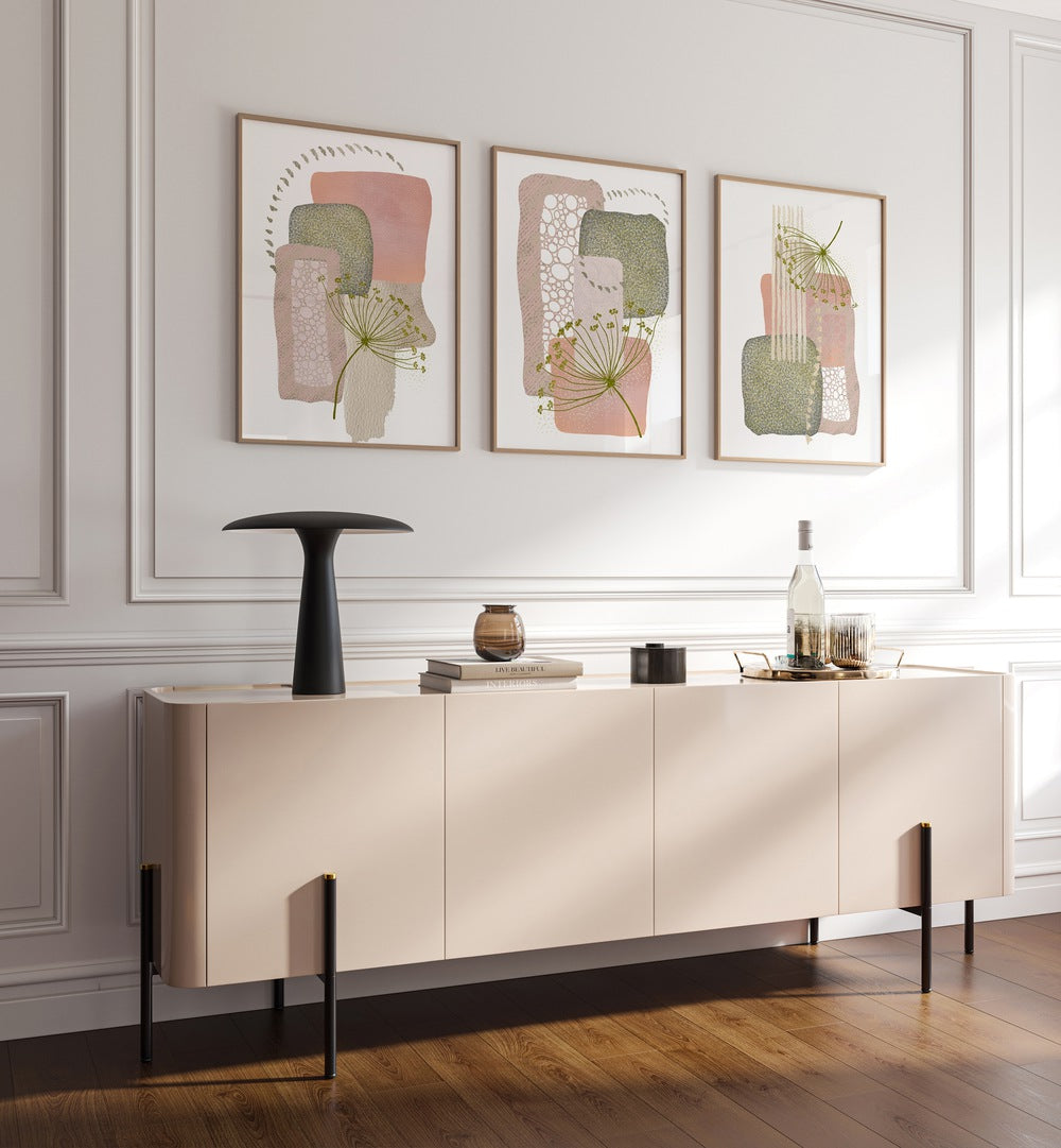 Enhance your decor with the DELICATE PINK AND GREEN SET, SET OF 3 PAINTINGS, showcasing soft pink and green hues.
