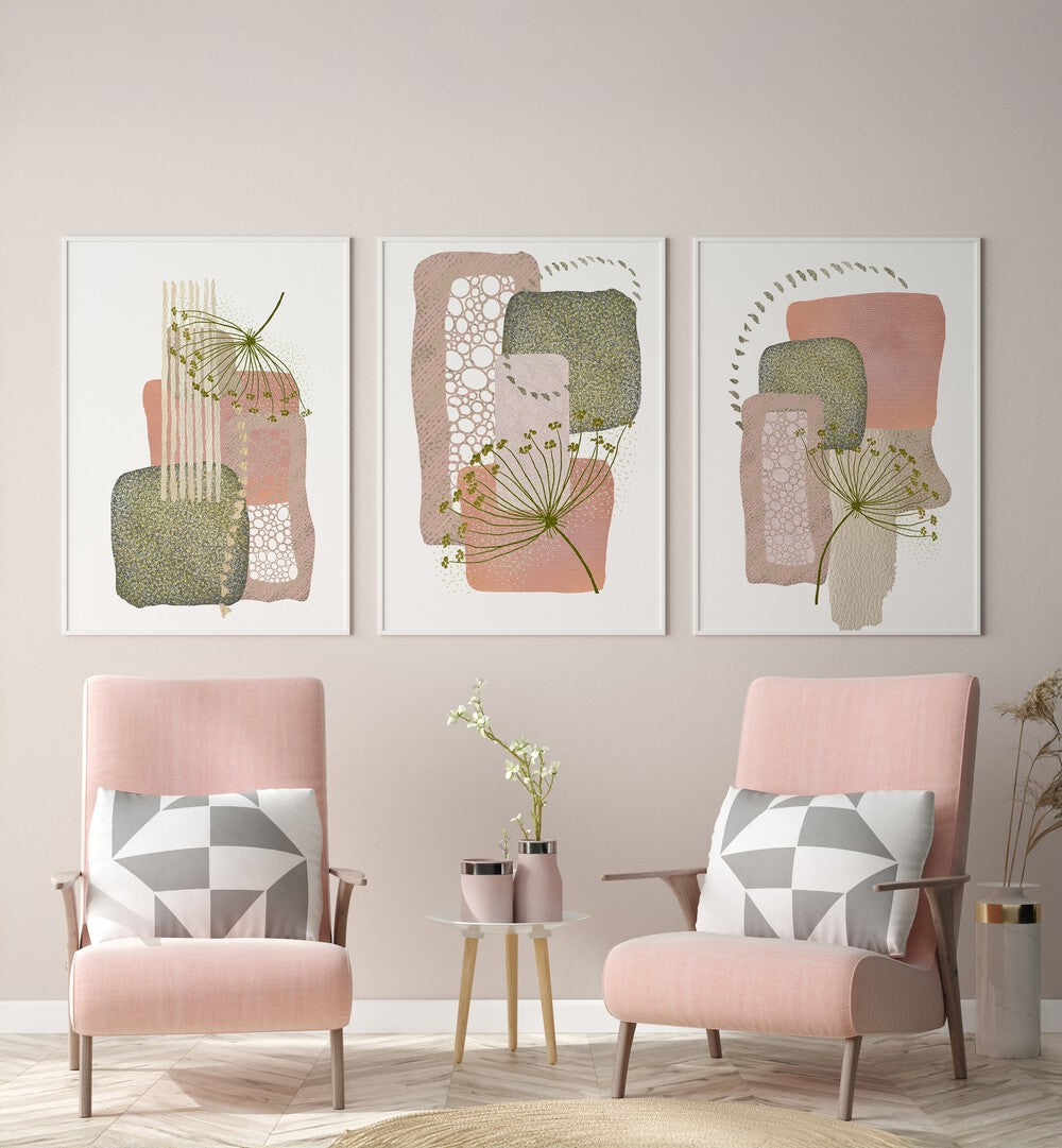 Brighten your decor with the DELICATE PINK AND GREEN SET, SET OF 3 PAINTINGS, showcasing soft pink and green hues.