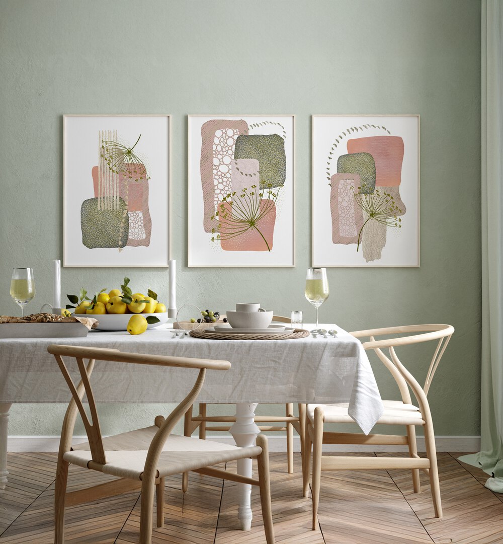 Transform your space with the DELICATE PINK AND GREEN SET, SET OF 3 PAINTINGS, harmonizing colors for any room.