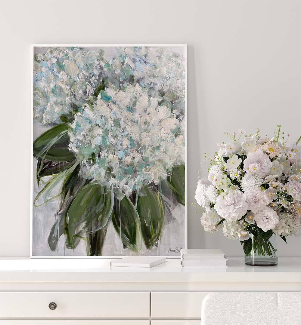 Transform your space with DELICATE WHITE AND BLUE HYDRANGEAS, FLORAL FLOWER PAINTINGS, showcasing serene beauty and elegance.