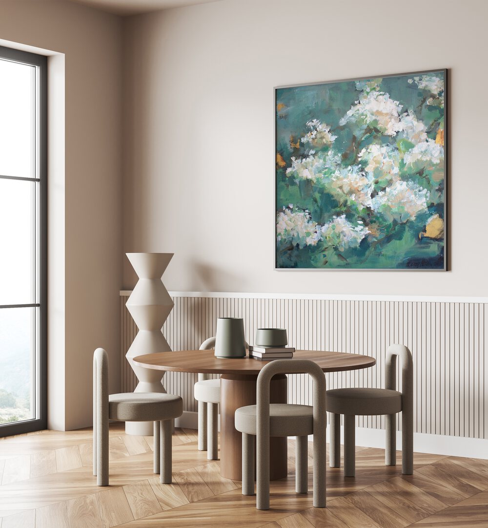 Elegant living space featuring DELICATE BEAUTY OF NATURE, FLORAL FLOWER PAINTINGS enhancing the ambiance beautifully.