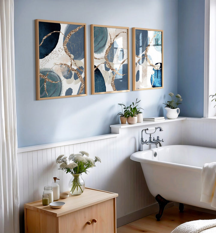 Elevate your decor with the DENIM BLUE SET, SET OF 3 PAINTINGS, featuring elegant hues for any living space.